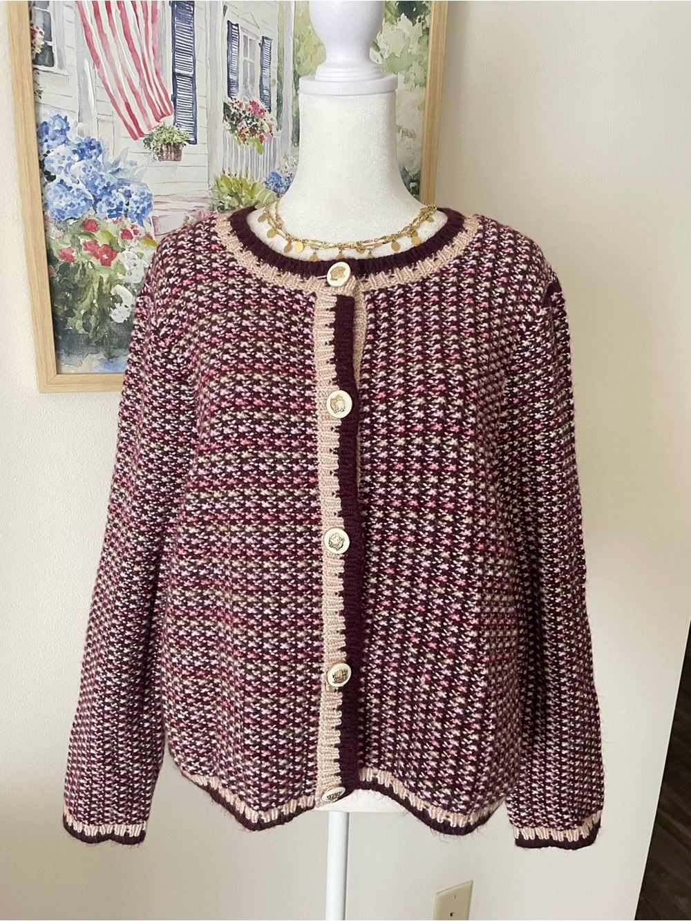 Talbots Chunky Tweed Knit Cardigan Sweater Burgundy Pink Crest Buttons XL Petite